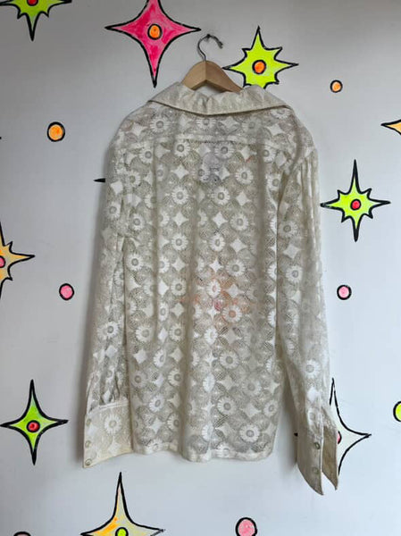 Vintage 70s White Sheer Lace Romantic Grunge Boho Dagger Collar Blouse | M