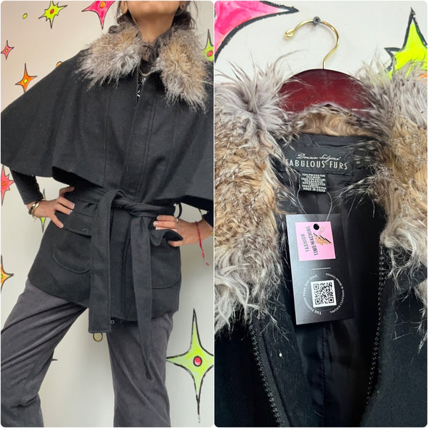 Vintage | Donna Solyers Gray Belted Wool Cape Coat with Faux Fur Trim | Small