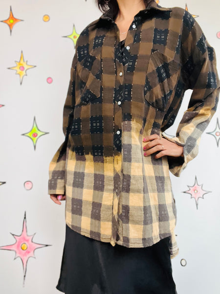 Y2K Brown Boho Grunge Plaid Patchwork Flannel Oversized Boyfriend Shirt M