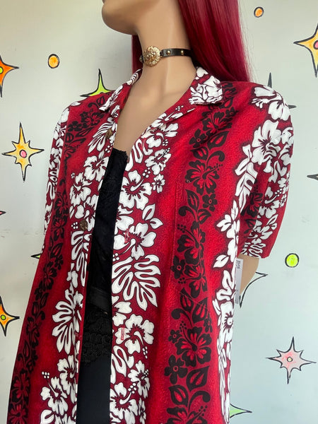 Y2K Men's Crimson Red & Black Floral Hawaiian Souvenir Party Resort Shirt XL