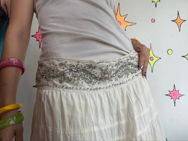 Y2K White Beaded Boho Midi Skirt Fairy Grunge Western Cowgirl Tiered L