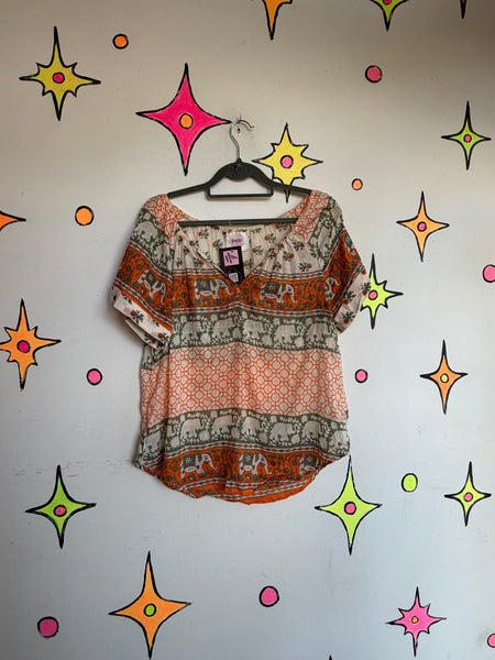 Sheer Elephant Print Cotton Boho Layering Top Earthy Fairy Resort Grunge | M