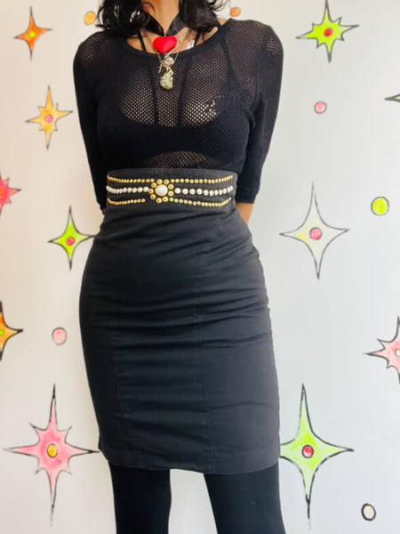 Vintage 80s High-Waisted Black Pencil Skirt Pearl Embellished - Whimsy Goth XS