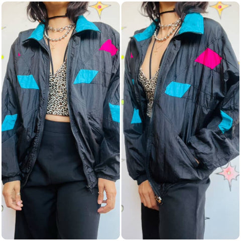 Vintage 80s 90s Black Colorblock Windbreaker – Retro Nylon Sport Jacket - Size M