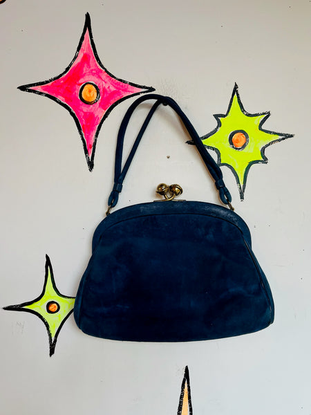 Blue Suede Clutch – 1940s Waldman Purse – Art Deco – Vintage Soft Suede Handbag