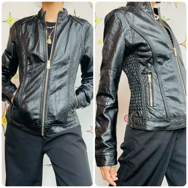 Y2K Black Vegan Leather Moto Jacket Quilted Details – Boho Grunge Indie Sleaze M