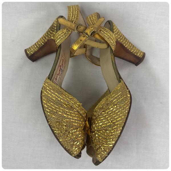 1930s Art Deco Strappy Metallic Gold Lame Woven Peep Toe Heels US Size 7