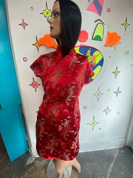 Vintage Red & Gold Satin Cheongsam Mini Dress Dragon Print Y2K Asian Inspired XL