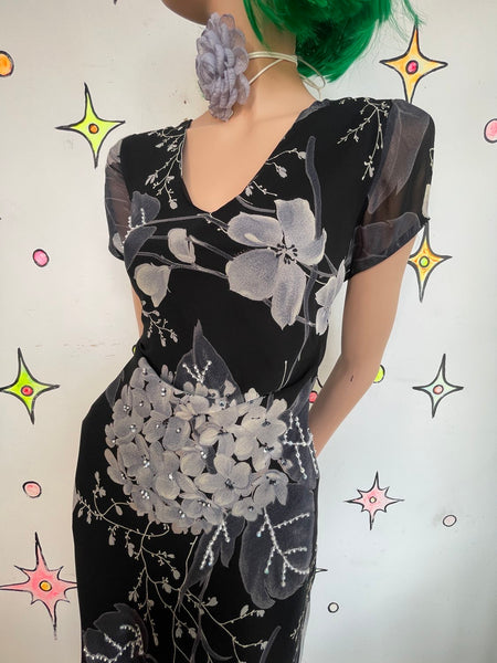 Vintage 90s Y2K Black Whimsy Goth Fairy Grunge Patchwork Floral Maxi Dress - L