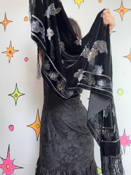 Black Velvet Burnout Fringe Scarf Flapper Old Hollywood Goth Fairycore Glam