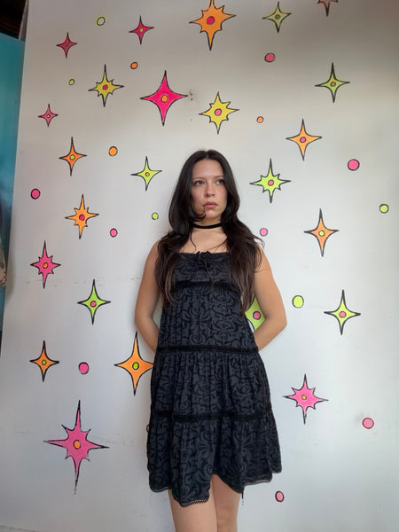 Betsey Johnson Black Velvet Babydoll Dress Whimsy Goth Romantic Grunge Y2K M