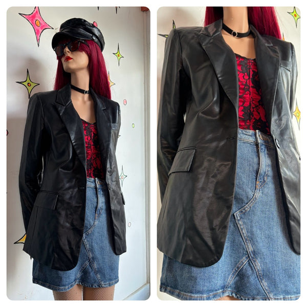 Vintage 90s Y2K Black Vegan Leather Blazer Jacket Mall Goth Grunge Minimalist S