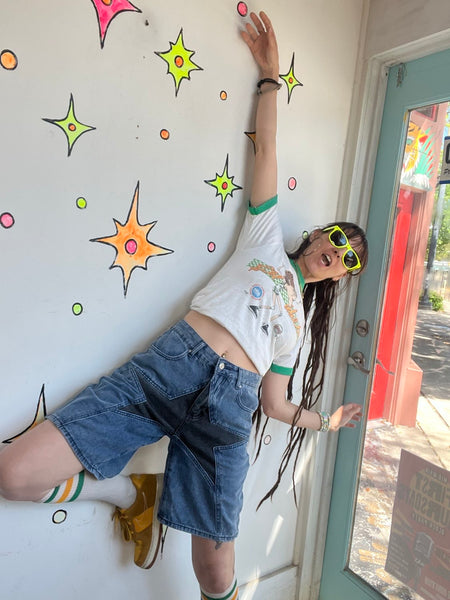 Y2K Denim Jorts with Star Detail - Grunge Emo Streetwear Long Shorts SM