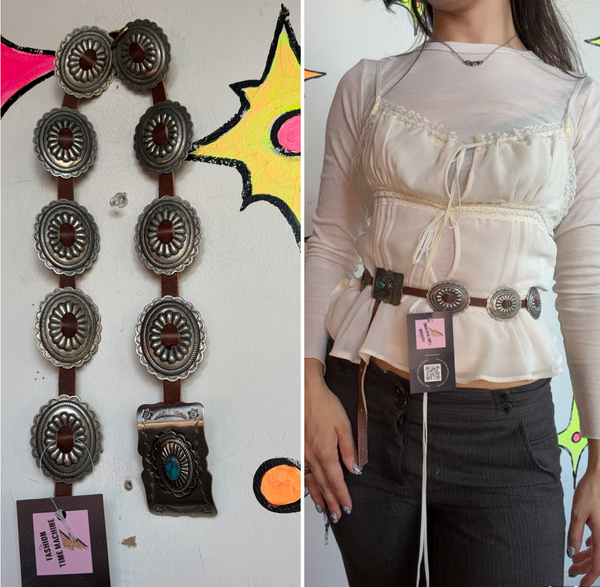 Vintage Leather Concho Belt | Western Cowboy Boho Festival Statement Belt 35.5"