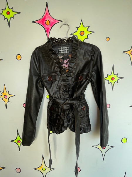 Y2K Babydoll Brown Vegan Leather Jacket – Fairy Grunge Moto Retro M/L