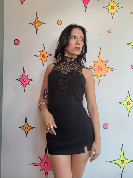 Black Lace Crochet Mini Dress Goth Fairy Grunge Romantic Vamp Layering Dress S