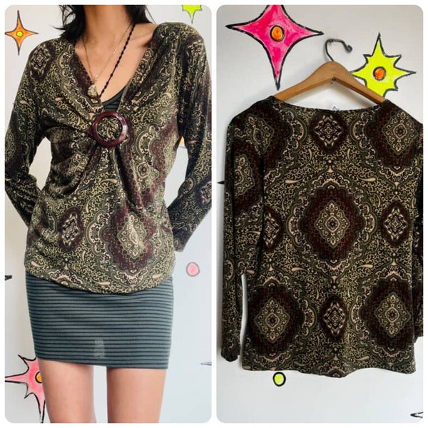 Y2K Green Paisley Fairy Boho Grunge Top - Susan Lawrence Petite - Size PXL