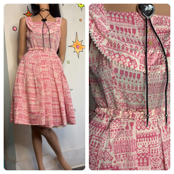Vintage 50s Pink Novelty Tiki Babydoll Ruffle Kawaii Cotton Day Dress - Small