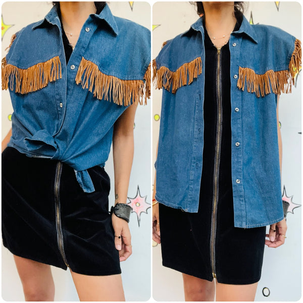 Vintage 80s–90s Denim Western Beaded Fringe Vest | Sleeveless Jean Vest | L