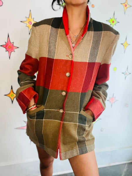 Vintage 80s Red & Green Tartan Plaid Wool Christmas Holiday Preppy Blazer – S