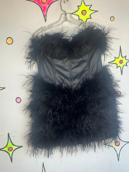 Black Feather Bustier Dress Party Mini Feather Trim Pleather Glam Night Out M/L