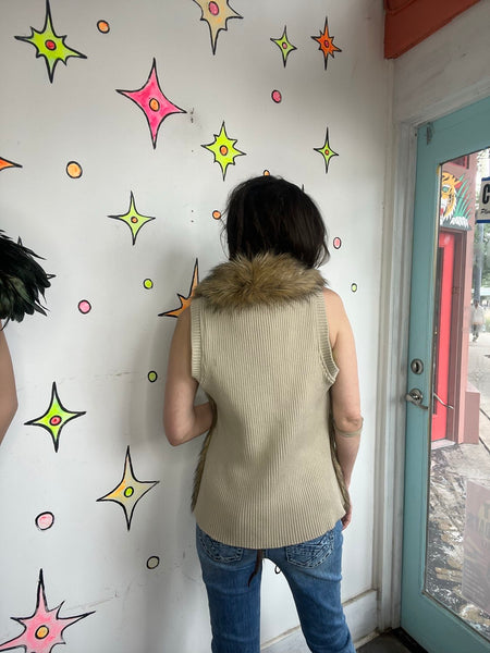 Y2K Vegan Fur Boho Vest Glam Grunge Statement Festival Layering Piece - Size M