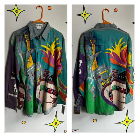 Vintage 80s 90s | Denim Hand Painted Kolorway Las Vegas Shirt or Jacket | XXL