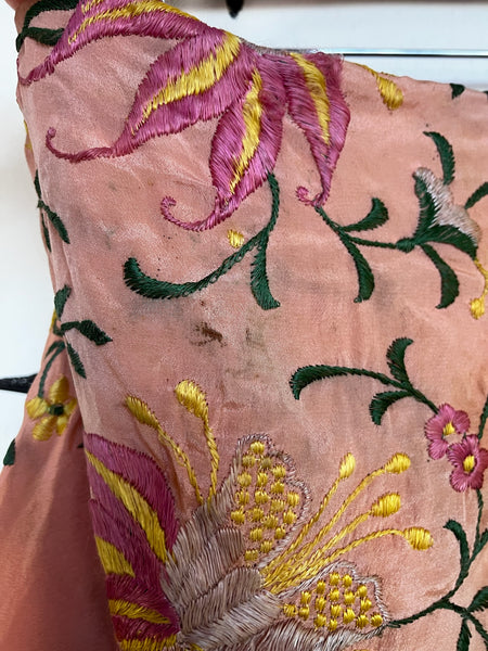 Antique Silk Piano Shawl Boho Art Decor Floral Embroidered Fringe Wrap