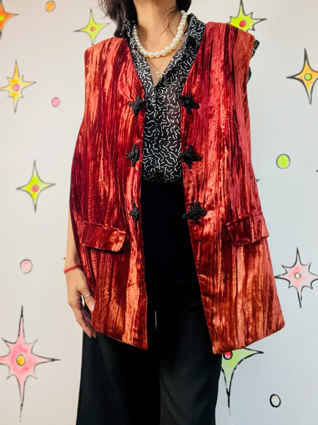 Vintage Bohemian Crushed Velvet Waistcoat Vest Velour Grunge Layering Piece – XL