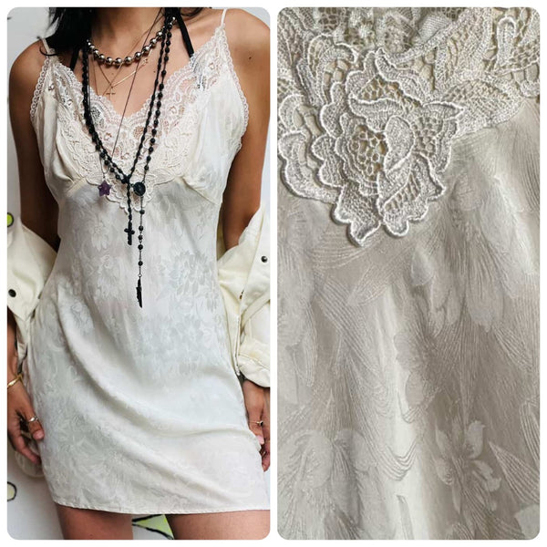 Vintage Off White Silk Lace Slip Dress – Boho Fairy Babydoll – Coquette Rococo