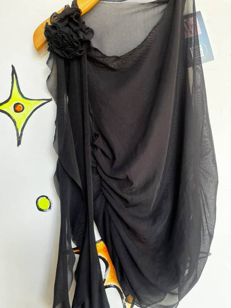 Vintage Y2K | Stretchy Black Whimsy Goth Sheer Mesh Grunge Fairy Top | S - M