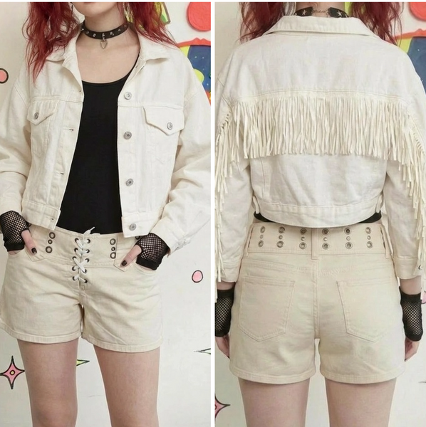 White Denim Fringe Crop Jacket Western Cowgirl Festival Streetwear S