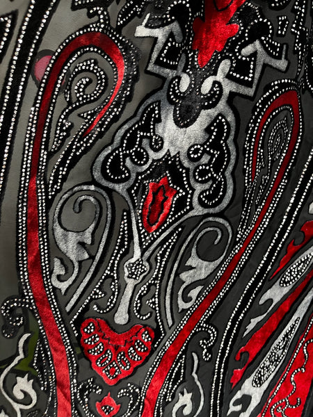 Vintage Black & Red Velvet Fringe Shawl Western Boho Flapper Witchy Goth Scarf