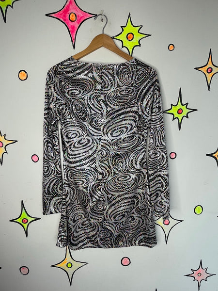 60s Style Psychedelic Gogo Mini Dress Groovy Mod Bell Sleeve 70s Disco M