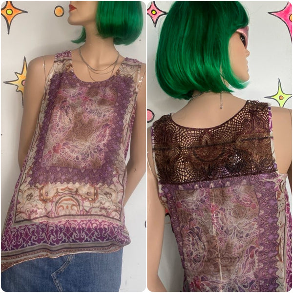 Y2K Abstract Tattoo Print Sheer Mesh Fairy Grunge Tank Top Crochet Back M