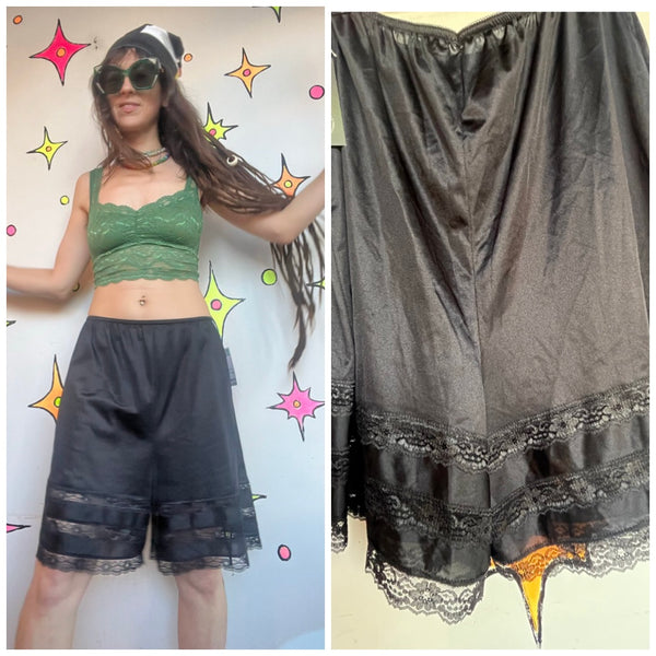 Vintage Black Tap Panties Lace Nylon Bloomers Lingerie Lounge Shorts XL+