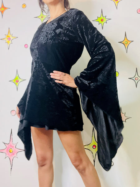 Black Velvet Hooded Goth Mini Dress | Bell Sleeves Witchy Dress | S/M