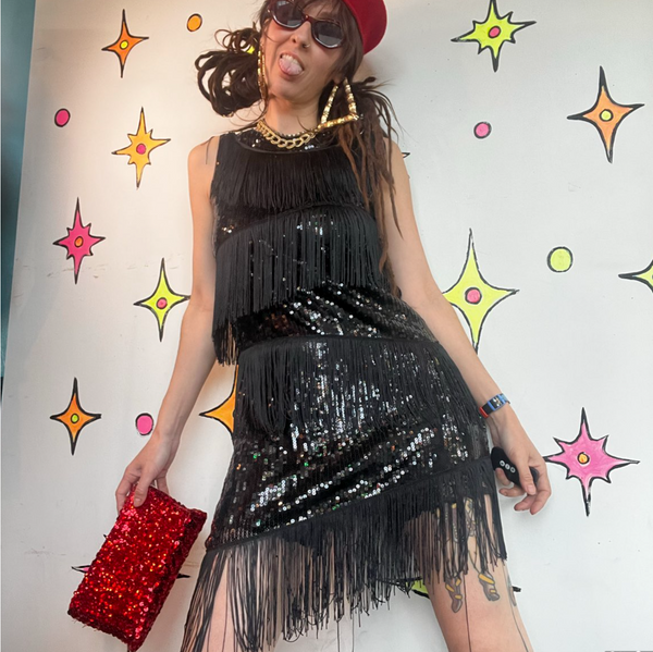 Black Sequin Fringe Flapper Dress 1920s Gatsby Party Dress Speakeasy Mini ML