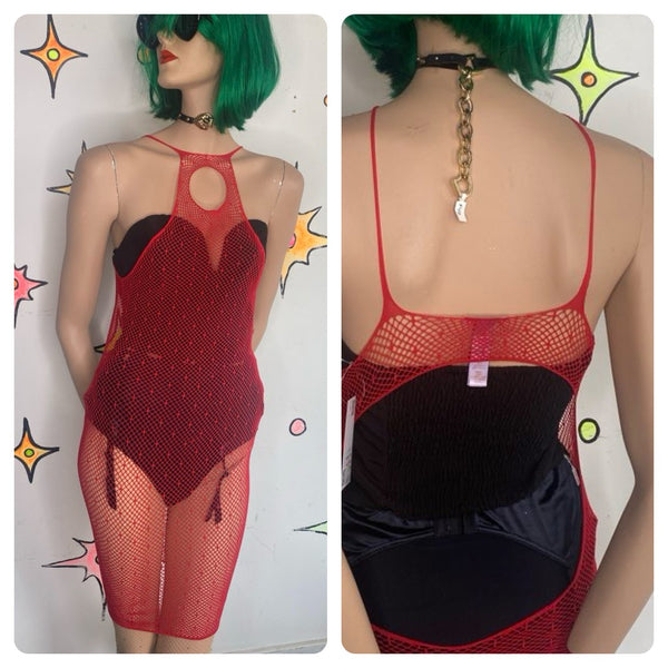 Red Mesh Mini Dress Fishnet Layering Piece Vampy Romantic Goth Lingerie Sexy OS