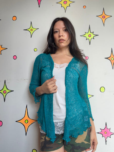 Y2K Teal Crochet Fairy Cardigan | Ethereal Whimsy Grunge Cyber Boho S