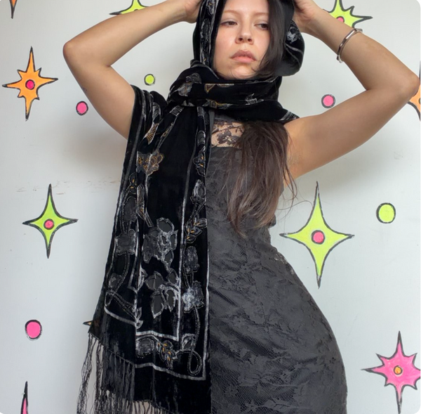 Black Velvet Burnout Fringe Scarf Flapper Old Hollywood Goth Fairycore Glam