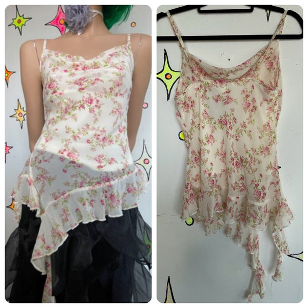 Fairy Grunge Y2K Pastel Pink Floral Handkerchief Hem Ruffle Lace Cami Romantic S