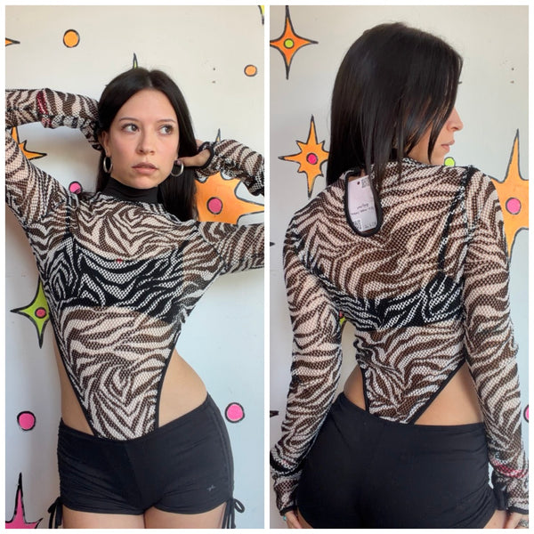 Y2K Sheer Zebra Mesh Bodysuit Cyber Grunge Animal Print | M/L