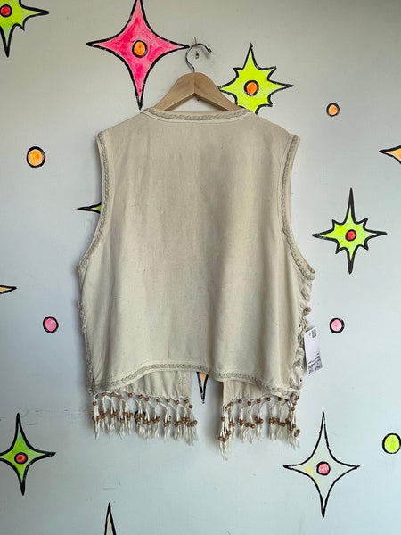 Vintage 80s 90s Off-White Silk Crochet Fringe Beaded Western Boho Vest M