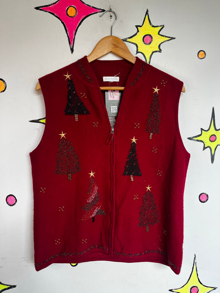 Red Ugly Christmas Sweater Vest Zip Front Tacky Holiday Party Festive Knit M/L