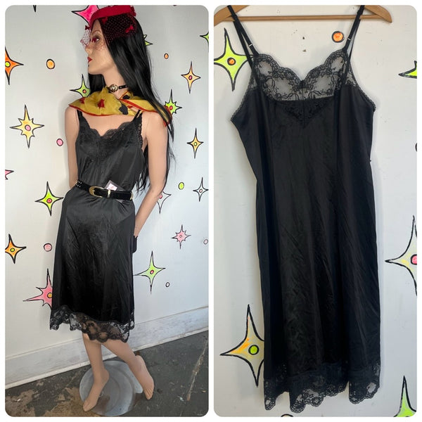 Vintage Nylon Black Lace Trim Slip Dress Boudoir Goth Fairy Grunge 36 - Large