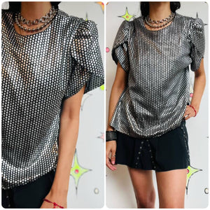 80s Metallic Silver Asymmetrical Disco Blouse – Shimmer Statement Top – S