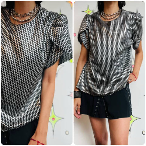 80s Metallic Silver Asymmetrical Disco Blouse – Shimmer Statement Top – S