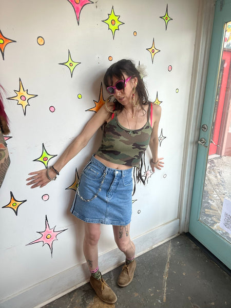 Vintage 90s Denim Mini Skirt Grunge Skater Y2K Emo Jean Skirt Size S