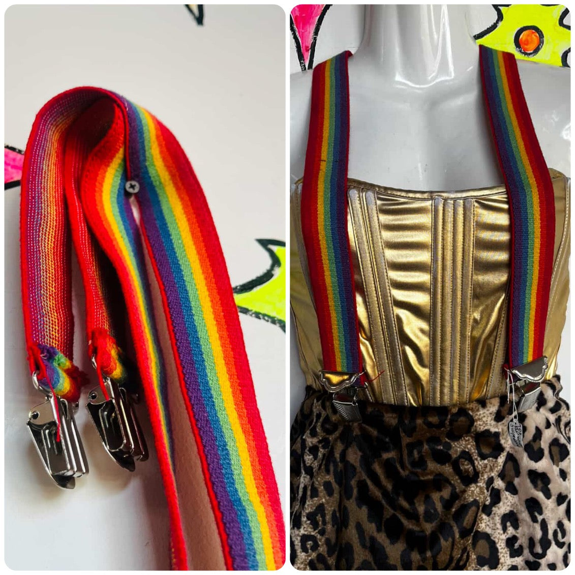 Vintage 70s Rainbow Clown Suspenders – Pride Festival – Stretchy Retro Unisex